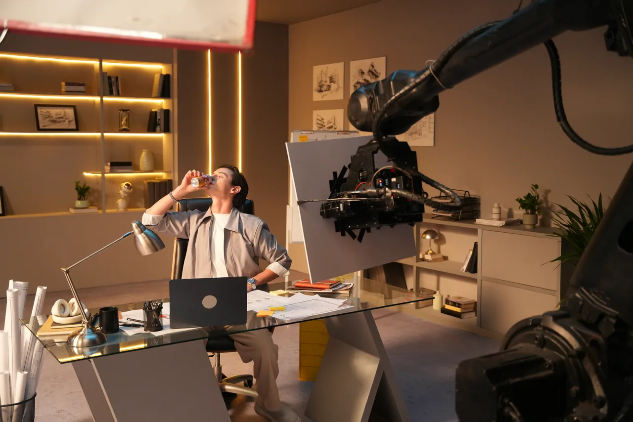 Talent mid-take at the desk, the arm and a bounce card closing in from frame right